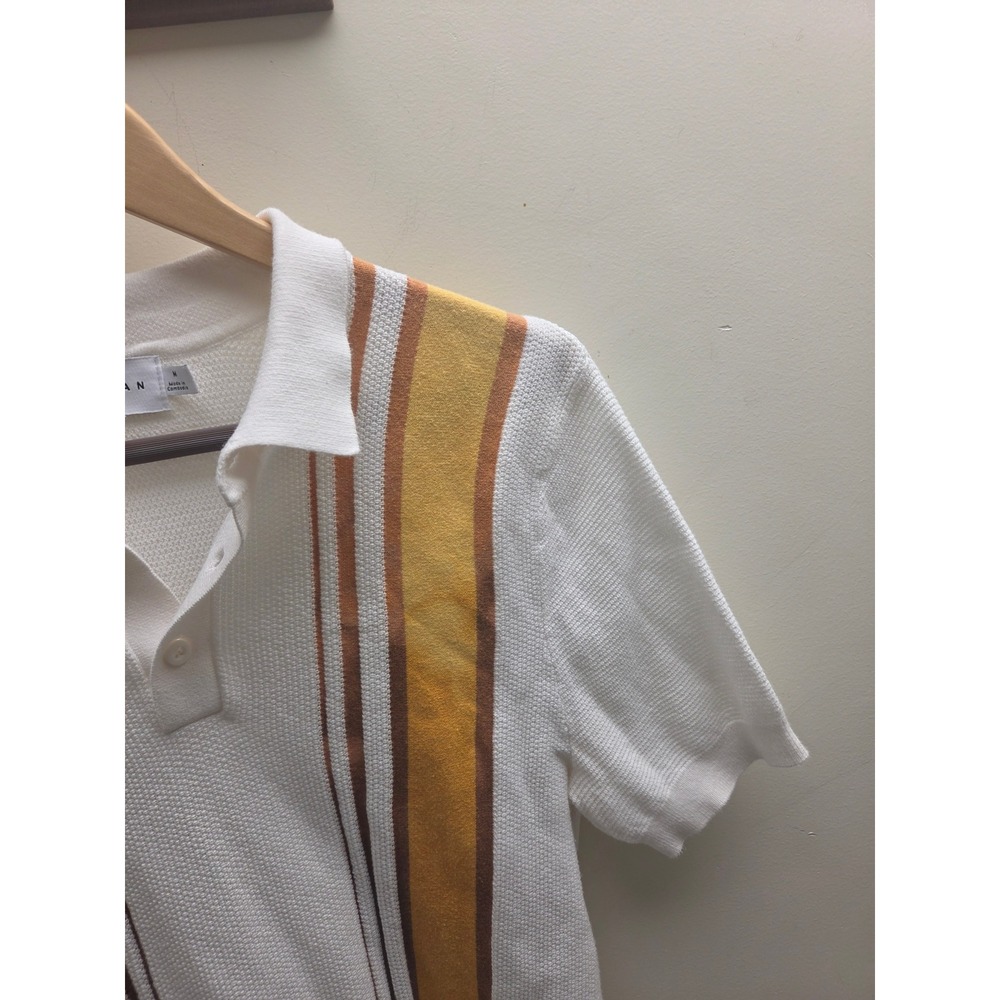 Topman Mens White Knit Polo Shirt Mustard Brown Vertical Stripe Retro Size M - Picture 6 of 8
